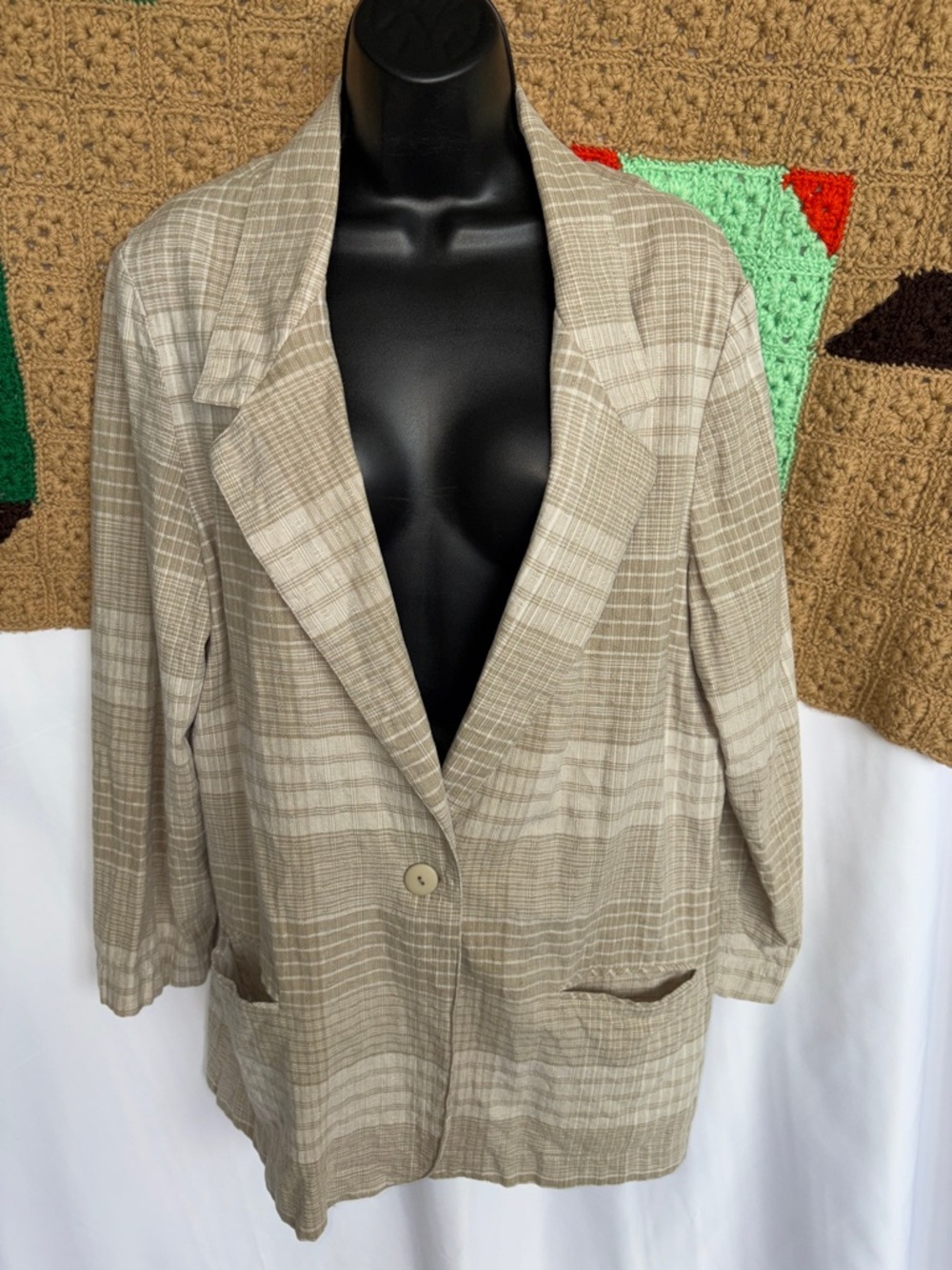 Vintage Bentley Linen Cotton Blend‎ Tan&White Plaid Blazer Large Menswear Boxy